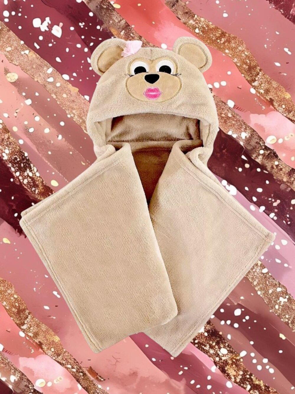 NWT Miss Monkey Hooded Baby Blanket Plush Animal Tan Pink Hudson Baby GIFT